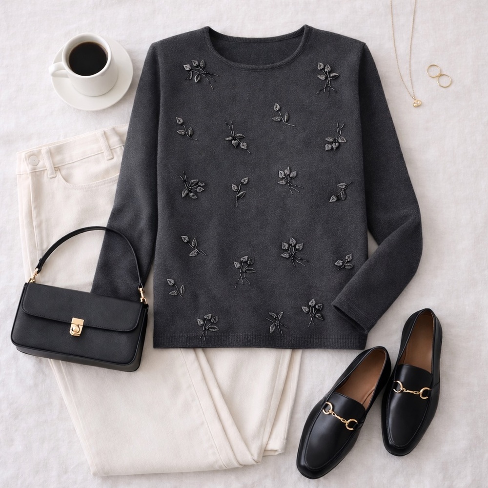 KAREN SCOTT Black Wool‎ Blend Beaded Floral Appliqué Sweater Pullover M